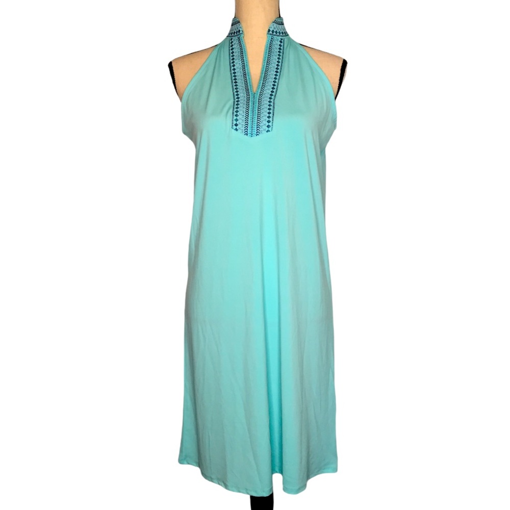 Light Aqua, embellished neckline and collar dress